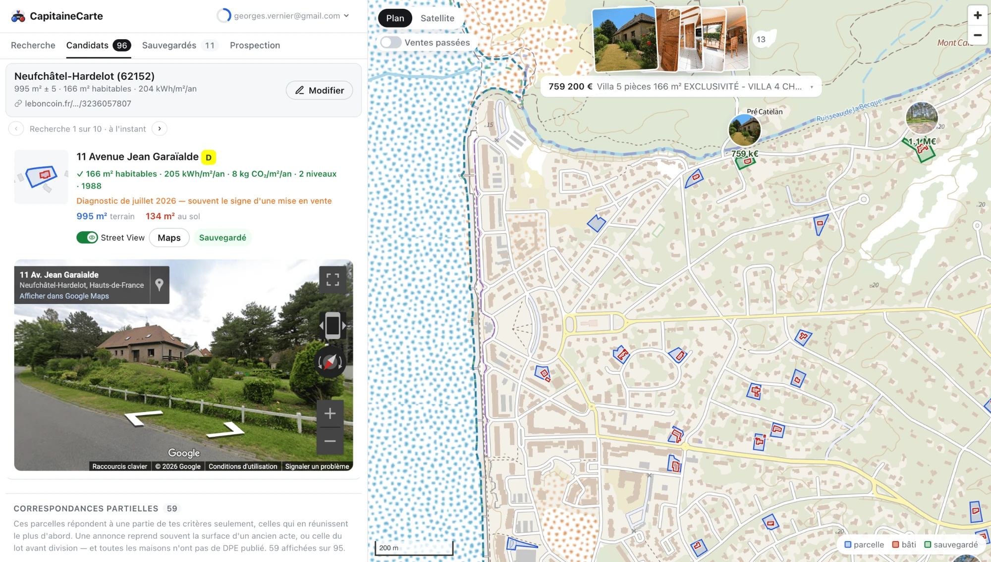 L'écran de CapitaineCarte : la liste des parcelles candidates et sa vue Street View à gauche, la carte cadastrale à droite.