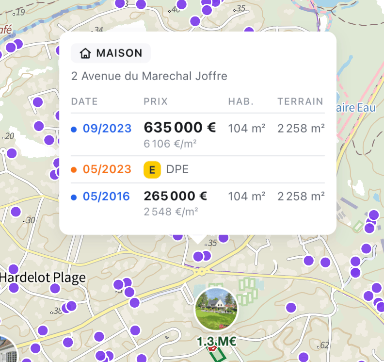 La bulle d'une parcelle : deux ventes datées avec leur prix, leur surface et leur prix au mètre carré, et le DPE intercalé.